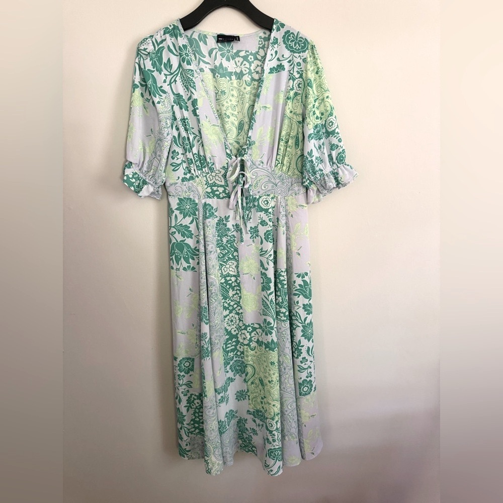 ASOS Paisley Green Patchwork Midi Dress with Waist Ties and Flutter Sleeve